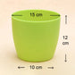 Pair of green round plastic flower pots, highlighting their practical and aesthetic appeal.