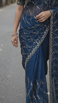 Generic Women's Net Sequence Saree With Unstitched Blouse 5.5Mtr (Blue)