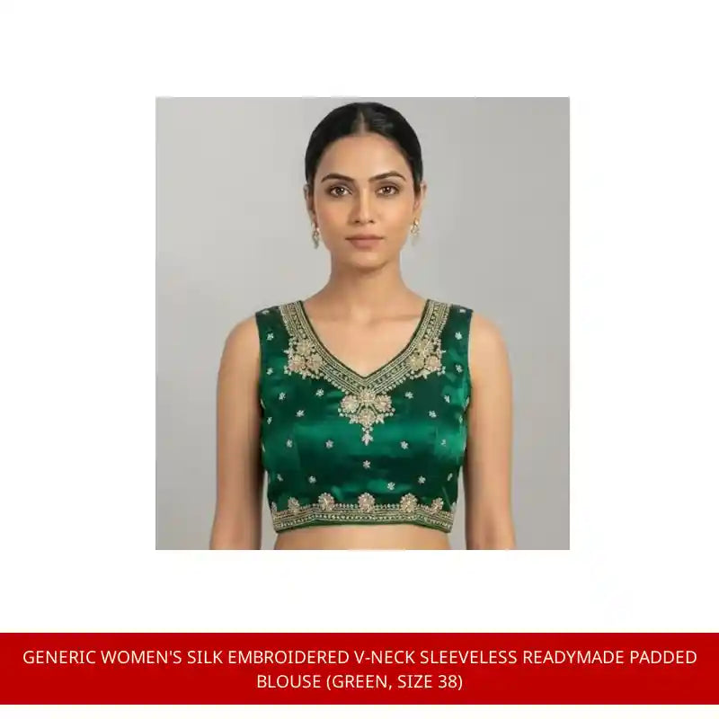 Generic Women's Silk Embroidered V-Neck Sleeveless Readymade Padded Blouse (Green, Size 38) by@Outfy