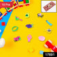 Close-up of several small, colorful activity toys from the 10-in-1 set, including a puzzle and whistle.