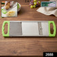 Close-up of the potato slicer's stainless steel blade, ready for cutting vegetables.