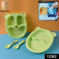 Colorful 4-piece baby mealtime set including feeding spoons and divided plates