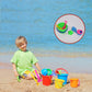 Full view of the 6-piece beach sand castle toy set laid out.