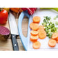 Kitchen knife set with scissors included in black handles and wooden block